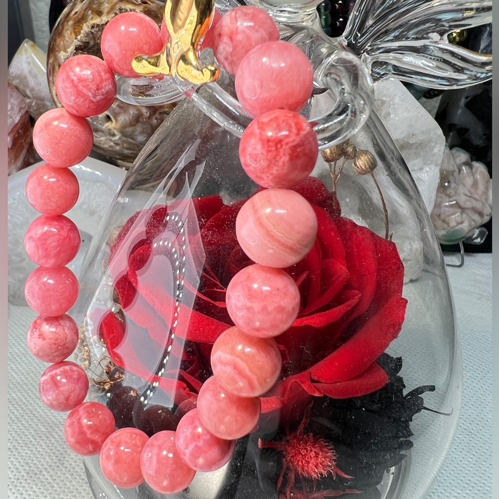 10MM Rhodochrosite Beaded Bracelet 6.76” Natural Pink Crystal Quartz Love Stone - Picture 4 of 12